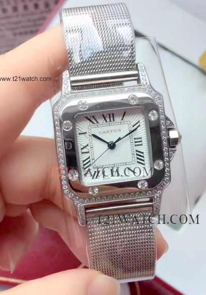 New Style Cartier Santos Stainless Steel Diamond Watch 32 mm